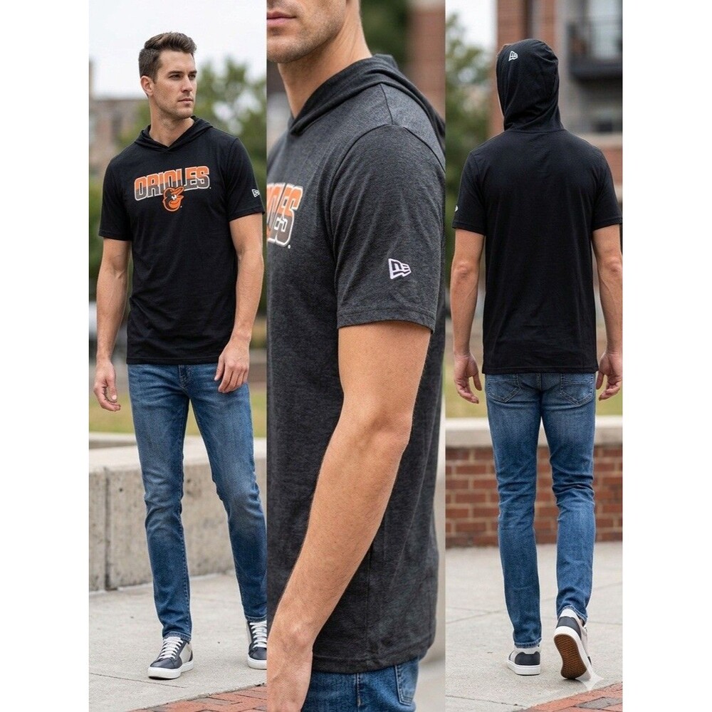 New Era MLB Baltimore Orioles Short Sleeve Hoodie Graphic Tee Gray Mens L NWOT